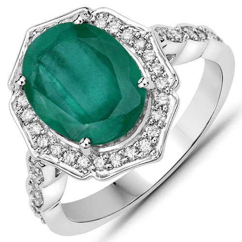 Emerald-4.66 Carat Genuine Brazilian Emerald and White Diamond 14K White Gold Ring