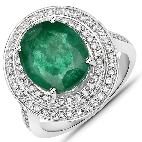 Emerald-6.85 Carat Genuine Brazilian Emerald and White Diamond 14K White Gold Ring