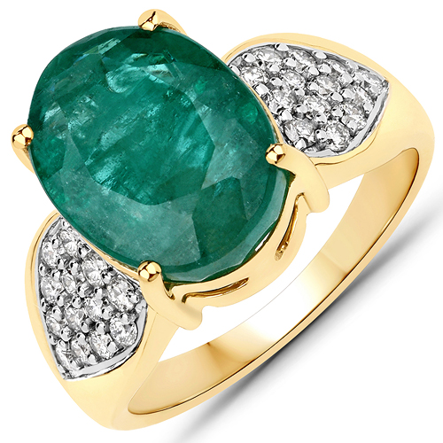 Emerald-7.02 Carat Genuine Brazilian Emerald and White Diamond 14K Yellow Gold Ring
