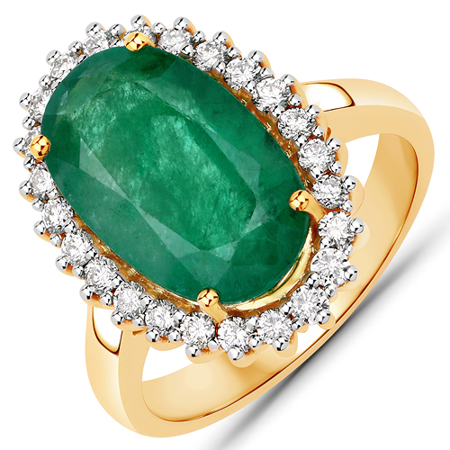Emerald-6.06 Carat Genuine Brazilian Emerald and White Diamond 14K Yellow Gold Ring