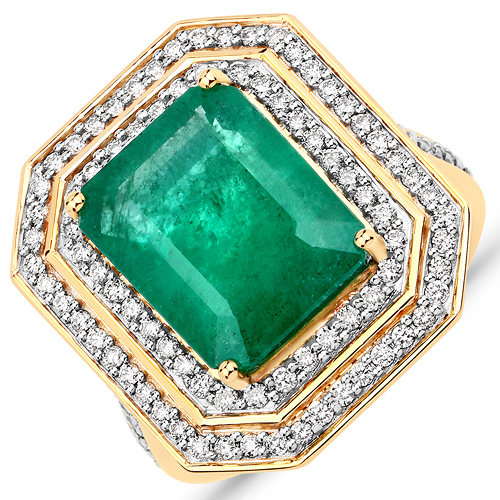 Emerald-7.74 Carat Genuine Brazilian Emerald and White Diamond 18K Yellow Gold Ring