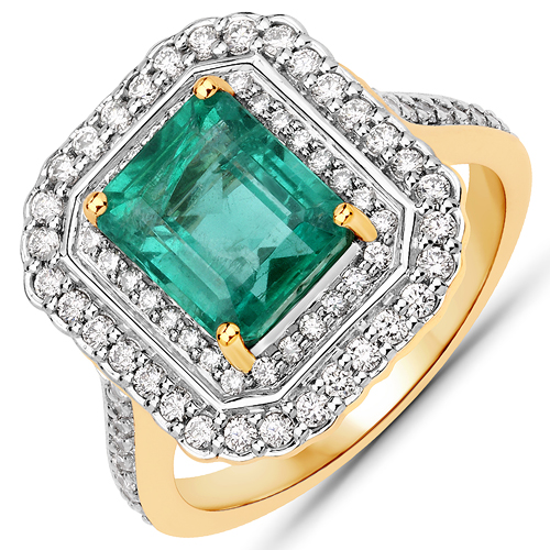 Emerald-3.30 Carat Genuine Zambian Emerald and White Diamond 18K Yellow Gold Ring