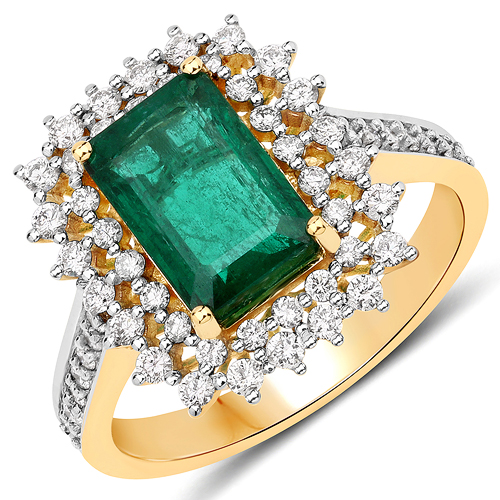 Emerald-2.90 Carat Genuine Zambian Emerald and White Diamond 18K Yellow Gold Ring