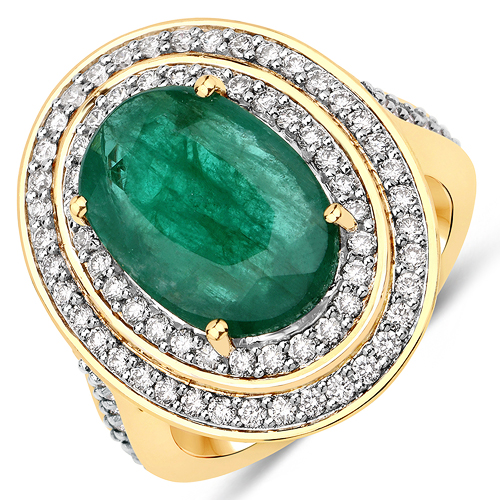 Emerald-5.16 Carat Genuine Brazilian Emerald and White Diamond 18K Yellow Gold Ring