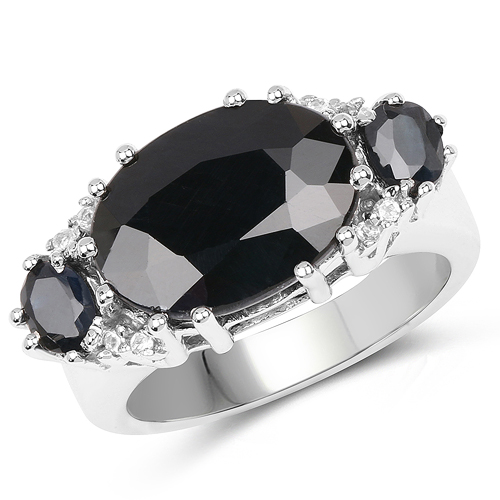 Sapphire-8.62 Carat Genuine Black Sapphire & White Topaz .925 Sterling Silver Ring