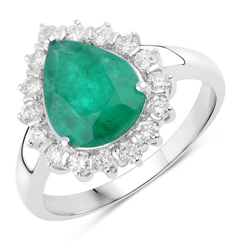 Emerald-3.33 Carat Genuine Zambian Emerald and White Diamond 14K White Gold Ring