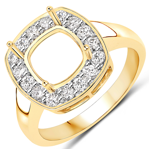 Diamond-0.48 Carat Genuine White Diamond 14K Yellow Gold Semi Mount Ring - holds 8x8mm Cushion Gemstone