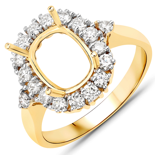 Diamond-0.54 Carat Genuine White Diamond 14K Yellow Gold Semi Mount Ring - holds 9x7mm Cushion Gemstone