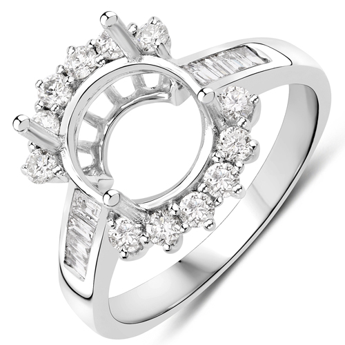 Diamond-0.58 Carat Genuine White Diamond 14K White Gold Semi Mount Ring - holds 9.00mm Round Gemstone
