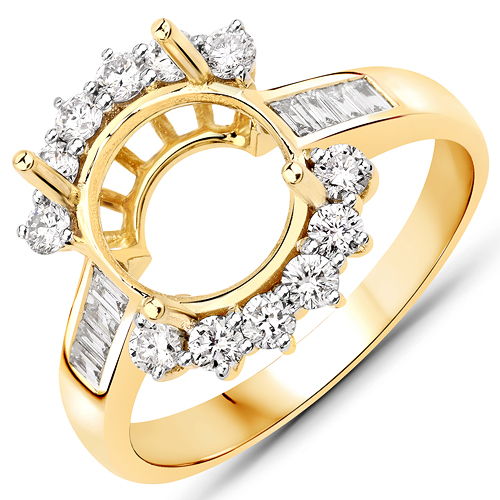 Diamond-0.58 Carat Genuine White Diamond 14K Yellow Gold Semi Mount Ring - holds 9.00mm Round Gemstone
