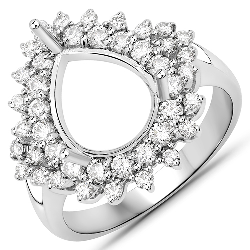 Diamond-0.89 Carat Genuine White Diamond 14K White Gold Semi Mount Ring - holds 11x9mm Pear Gemstone