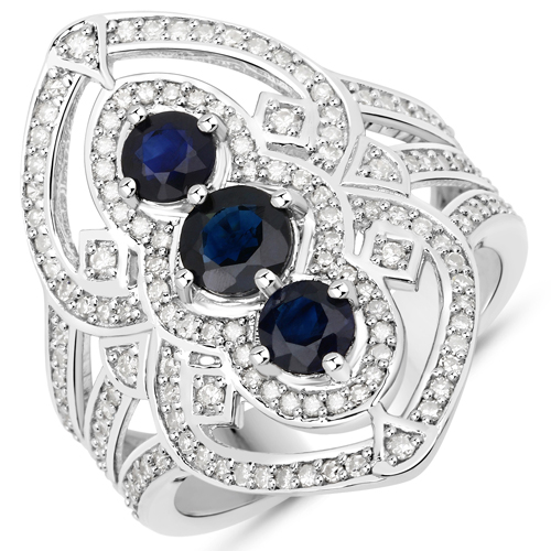 Sapphire-1.76 Carat Genuine Blue Sapphire and White Diamond .925 Sterling Silver Ring