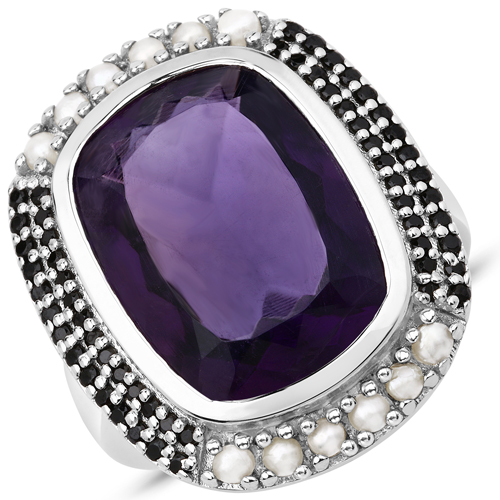 Amethyst-9.59 Carat Genuine Amethyst, Pearl and Black Spinel .925 Sterling Silver Ring