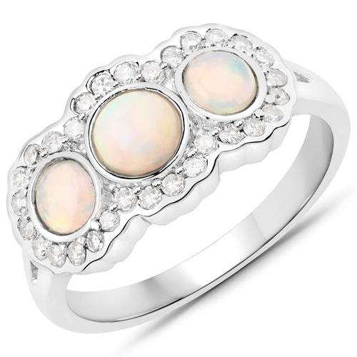 Opal-0.92 Carat Genuine Ethiopian Opal and White Diamond .925 Sterling Silver Ring