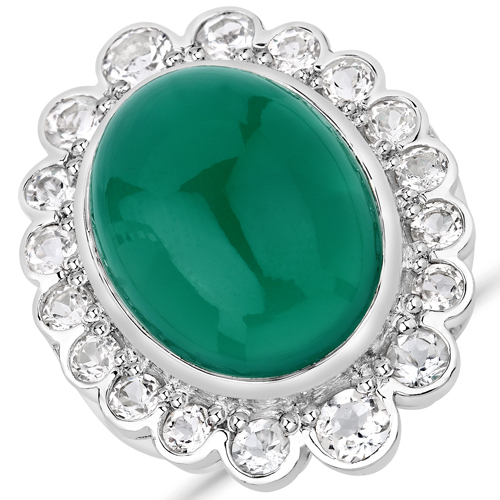 Rings-18.90 Carat Genuine Green Onyx and White Topaz .925 Sterling Silver Ring