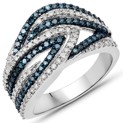 Diamond-0.92 Carat Genuine Blue Diamond and White Diamond .925 Sterling Silver Ring