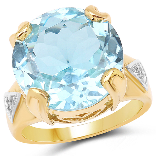 Rings-14K Yellow Gold Plated 12.98 Carat Genuine Blue Topaz and White Topaz .925 Sterling Silver Ring