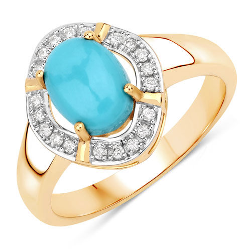 Rings-1.30 Carat Genuine Turquoise and White Diamond 14K Yellow Gold Ring
