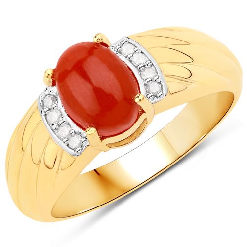 Rings-1.60 Carat Genuine Red Coral and White Diamond .925 Sterling Silver Ring