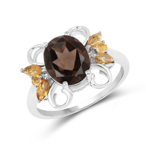 Rings-2.80 Carat Genuine Smoky Quartz and Citrine .925 Sterling Silver Ring