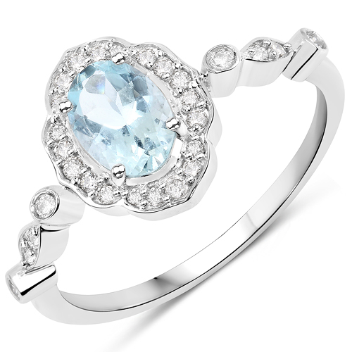 Rings-0.76 Carat Genuine Aquamarine and White Diamond 10K White Gold Ring