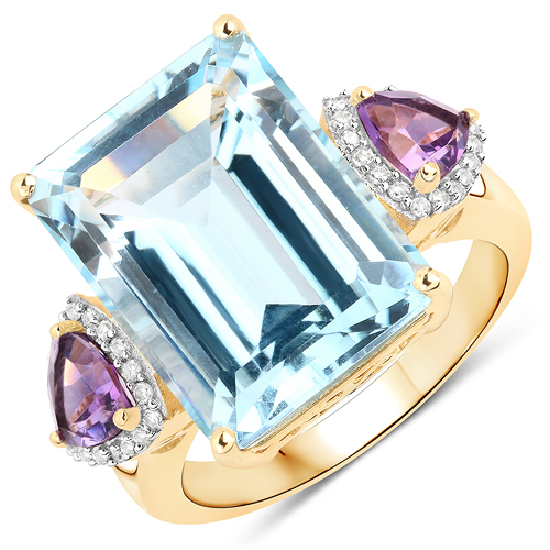 Rings-14.94 Carat Genuine Blue Topaz, Amethyst and White Diamond 14K Yellow Gold Ring