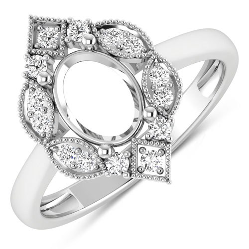 Diamond-0.20 Carat Genuine White Diamond 14K White Gold Semi Mount Ring - holds 8x6mm Oval Gemstone