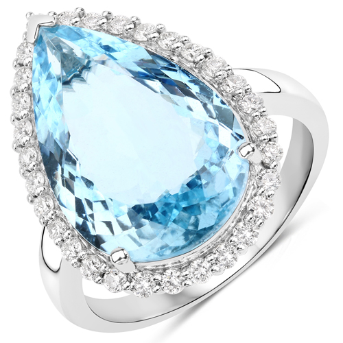 Rings-6.87 Carat Genuine Aquamarine And White Diamond 14K White Gold Ring