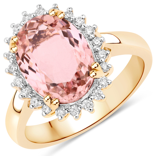 Rings-3.41 Carat Genuine Light Pink Tourmaline and White Diamond 14K Yellow Gold Ring