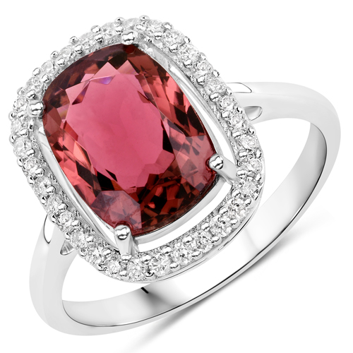 Rings-3.16 Carat Genuine Pink Tourmaline and White Diamond 14K White Gold Ring