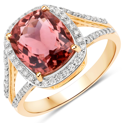 Rings-3.58 Carat Genuine Pink Tourmaline and White Diamond 14K Yellow Gold Ring