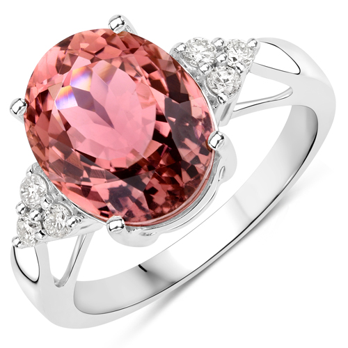 Rings-5.20 Carat Genuine Pink Tourmaline and White Diamond 14K White Gold Ring