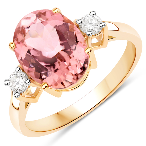 Rings-3.61 Carat Genuine Pink Tourmaline and White Diamond 14K Yellow Gold Ring