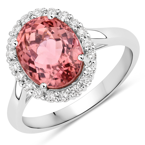 Rings-4.08 Carat Genuine Pink Tourmaline and White Diamond 14K White Gold Ring