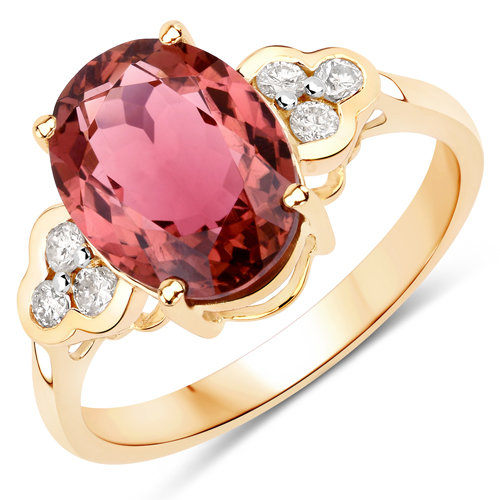 Rings-3.31 Carat Genuine Pink Tourmaline and White Diamond 14K Yellow Gold Ring