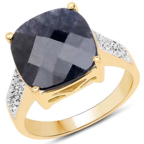Sapphire-14K Yellow Gold Plated 7.93 Carat Dyed Sapphire and White Diamond .925 Sterling Silver Ring