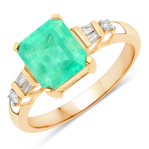Emerald-2.16 Carat Genuine Colombian Emerald and White Diamond 14K Yellow Gold Ring