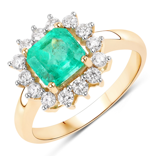 Emerald-1.89 Carat Genuine Colombian Emerald and White Diamond 14K Yellow Gold Ring