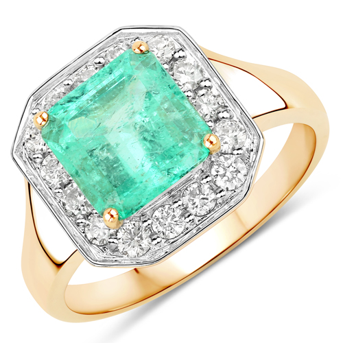 Emerald-2.13 Carat Genuine Colombian Emerald and White Diamond 14K Yellow Gold Ring