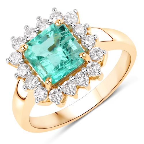 Emerald-2.28 Carat Genuine Colombian Emerald and White Diamond 14K Yellow Gold Ring