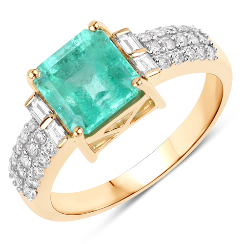 Emerald-2.42 Carat Genuine Colombian Emerald and White Diamond 14K Yellow Gold Ring