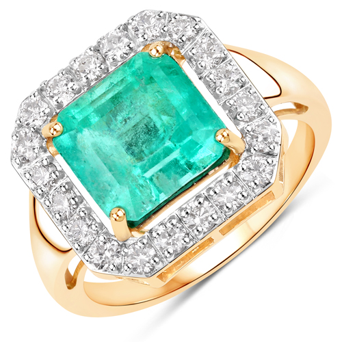 Emerald-3.88 Carat Genuine Colombian Emerald and White Diamond 14K Yellow Gold Ring
