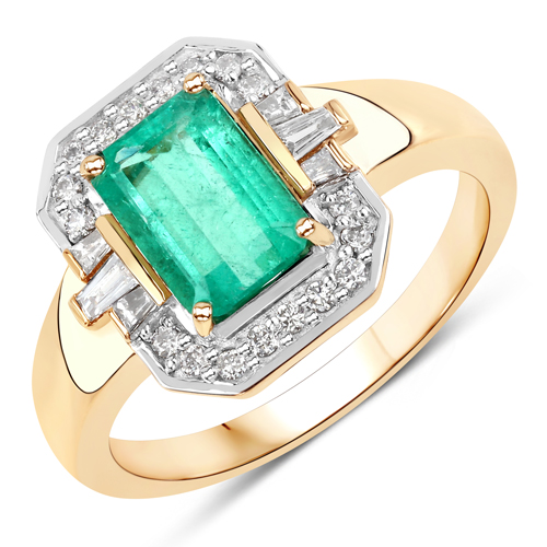 Emerald-1.45 Carat Genuine Colombian Emerald and White Diamond 14K Yellow Gold Ring