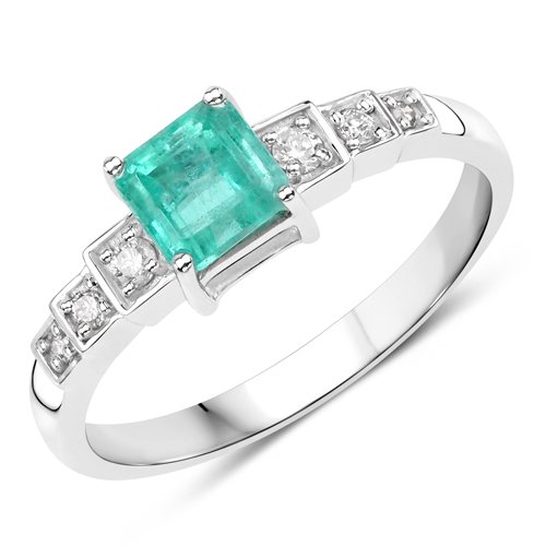 Emerald-0.91 Carat Genuine Colombian Emerald and White Diamond 14K White Gold Ring
