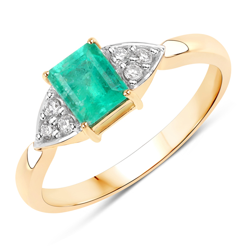 Emerald-0.77 Carat Genuine Colombian Emerald and White Diamond 14K Yellow Gold Ring