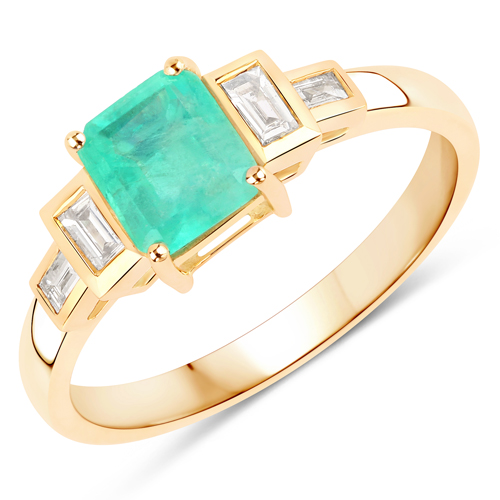 Emerald-1.12 Carat Genuine Colombian Emerald and White Diamond 14K Yellow Gold Ring