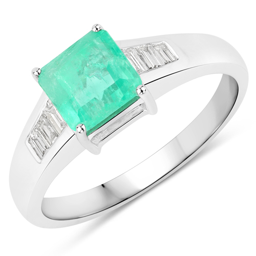 Emerald-1.36 Carat Genuine Colombian Emerald and White Diamond 14K White Gold Ring
