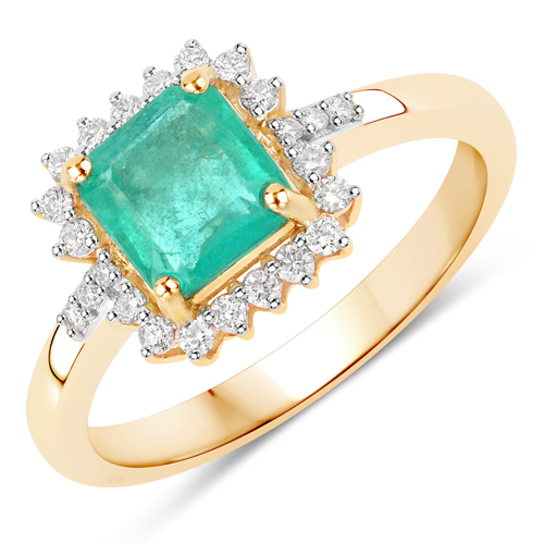 Emerald-1.25 Carat Genuine Colombian Emerald and White Diamond 14K Yellow Gold Ring