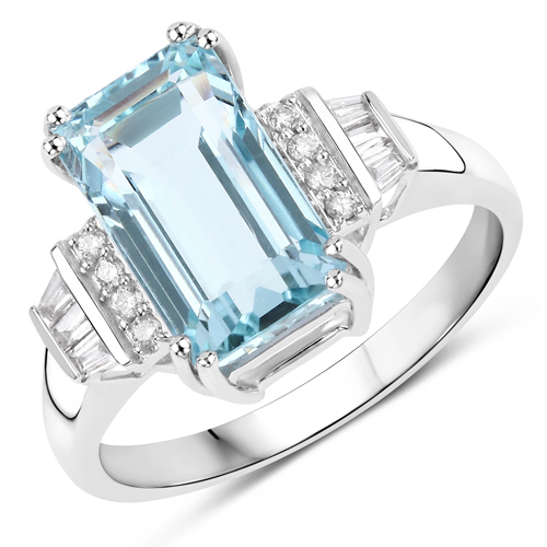 Rings-3.53 Carat Genuine Aquamarine and White Diamond 14K White Gold Ring