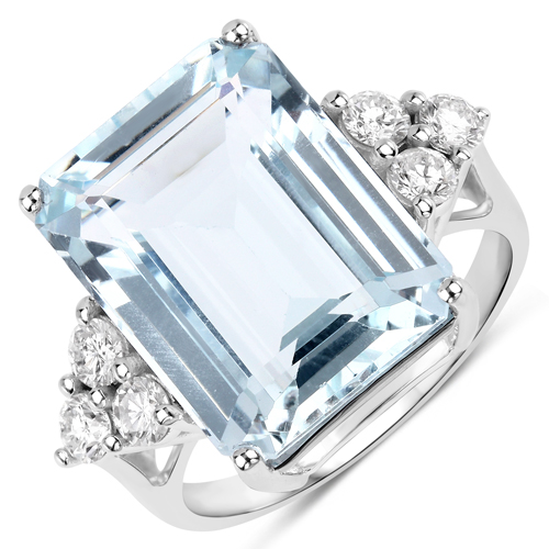 Rings-9.66 Carat Genuine Aquamarine and White Diamond 14K White Gold Ring
